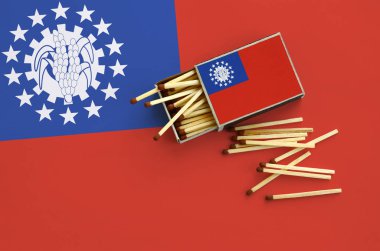 Myanmar bayrağı bir kibrit kutusu içinden birkaç sonbahar eşleşir ve büyük bir bayrak üzerinde yatıyor açık gösterilir.