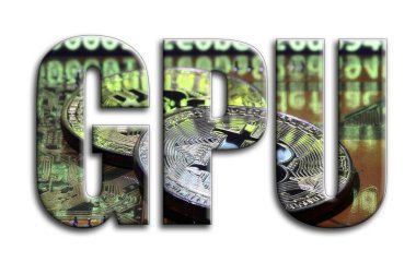 GPU. Bir doku bir grafik hızlandırıcı ekran kartı üzerinde birkaç bitcoins tasvir fotoğrafçılığın yazıt vardır.