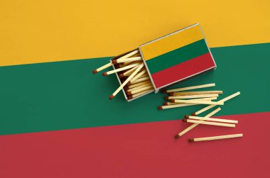 Litvanya bayrağı bir kibrit kutusu içinden birkaç sonbahar eşleşir ve büyük bir bayrak üzerinde yatıyor açık gösterilir.