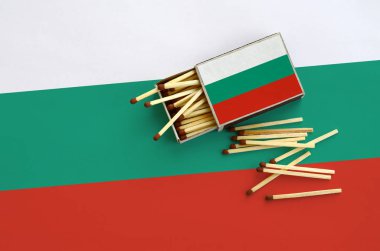 Bulgaristan bayrağı bir kibrit kutusu içinden birkaç sonbahar eşleşir ve büyük bir bayrak üzerinde yatıyor açık gösterilir.