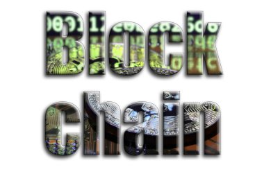 Blok zinciri. Bir doku bir grafik hızlandırıcı ekran kartı üzerinde birkaç bitcoins tasvir fotoğrafçılığın yazıt vardır.