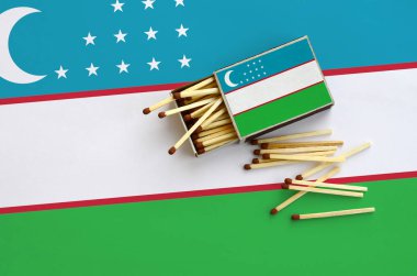 Özbekistan bayrağı bir kibrit kutusu içinden birkaç sonbahar eşleşir ve büyük bir bayrak üzerinde yatıyor açık gösterilir.