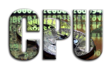 CPU. Bir doku bir grafik hızlandırıcı ekran kartı üzerinde birkaç bitcoins tasvir fotoğrafçılığın yazıt vardır.