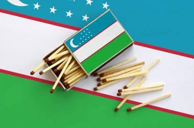 Özbekistan bayrağı bir kibrit kutusu içinden birkaç sonbahar eşleşir ve büyük bir bayrak üzerinde yatıyor açık gösterilir.