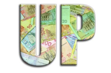 Yukarı. Yazıt fotoğrafçılığın bir sürü Ukraynalı para fatura tasvir bir dokusu vardır.