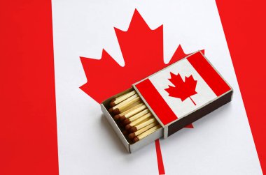 Kanada bayrağı açık bir kibrit kutusu içinde gösterilen hangi dolu maçlar ve büyük bir bayrak üzerinde yatıyor.