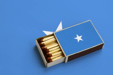 Somali bayrağı açık bir kibrit kutusu içinde gösterilen hangi dolu maçlar ve büyük bir bayrak üzerinde yatıyor.