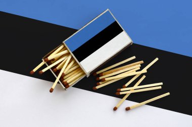 Estonya bayrağı bir kibrit kutusu içinden birkaç sonbahar eşleşir ve büyük bir bayrak üzerinde yatıyor açık gösterilir.