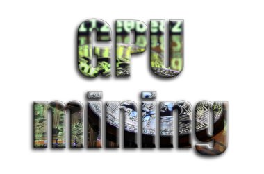 GPU incelemesi. Bir doku bir grafik hızlandırıcı ekran kartı üzerinde birkaç bitcoins tasvir fotoğrafçılığın yazıt vardır.