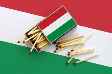 Macaristan bayrağı bir kibrit kutusu içinden birkaç sonbahar eşleşir ve büyük bir bayrak üzerinde yatıyor açık gösterilir.