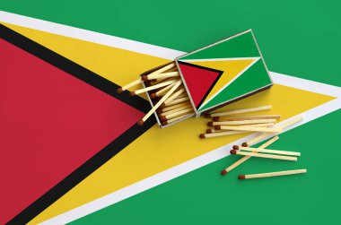 Guyana bayrak bir kibrit kutusu içinden birkaç sonbahar eşleşir ve büyük bir bayrak üzerinde yatıyor açık gösterilir.