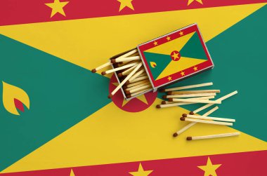 Grenada bayrağı bir kibrit kutusu içinden birkaç sonbahar eşleşir ve büyük bir bayrak üzerinde yatıyor açık gösterilir.