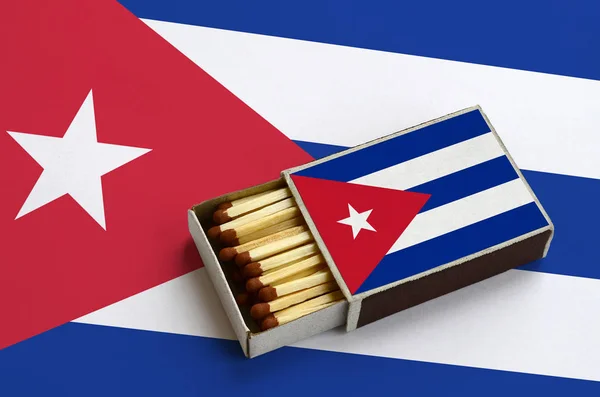 Cuba flag  is shown in an open matchbox, which is filled with matches and lies on a large flag.