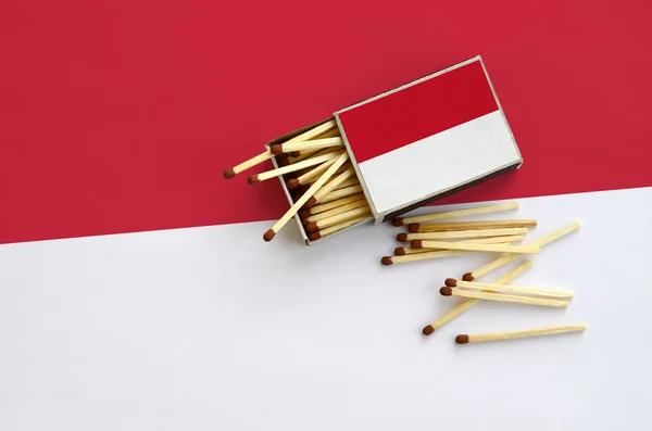Indonesia flag  is shown on an open matchbox, from which several matches fall and lies on a large flag.