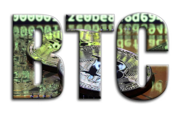 BTC. Bir doku bir grafik hızlandırıcı ekran kartı üzerinde birkaç bitcoins tasvir fotoğrafçılığın yazıt vardır.