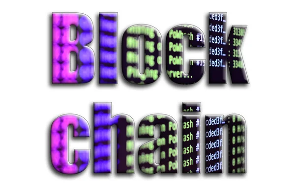 Blok zinciri. Yazıt cryptocurrency araştırma yazılım ekran gösteriyor fotoğrafçılığın bir dokusu vardır.