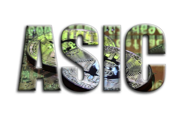 ASIC. Bir doku bir grafik hızlandırıcı ekran kartı üzerinde birkaç bitcoins tasvir fotoğrafçılığın yazıt vardır.