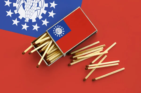 Myanmar bayrağı bir kibrit kutusu içinden birkaç sonbahar eşleşir ve büyük bir bayrak üzerinde yatıyor açık gösterilir.