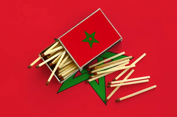 Morocco flag  is shown on an open matchbox, from which several matches fall and lies on a large flag.