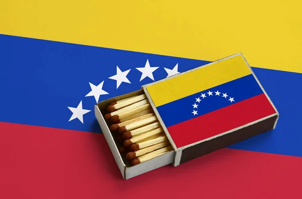 Venezuela flag  is shown in an open matchbox, which is filled with matches and lies on a large flag.