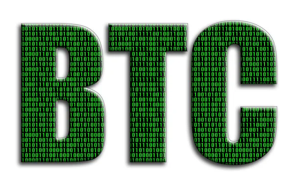 Btc Надпись Имеет Текстуру Фотографии Которая Изображает Зеленый Двоичный Код — стоковое фото