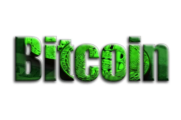 Bitcoin Inscrição Tem Uma Textura Fotografia Que Retrata Vários Bitcoins — Fotografia de Stock