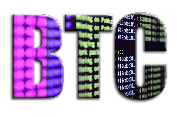 Btc Inscrição Tem Uma Textura Fotografia Que Retrata Tela Software — Fotografia de Stock