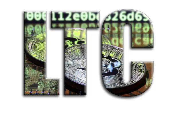 LTC. Bir doku bir grafik hızlandırıcı ekran kartı üzerinde birkaç bitcoins tasvir fotoğrafçılığın yazıt vardır.