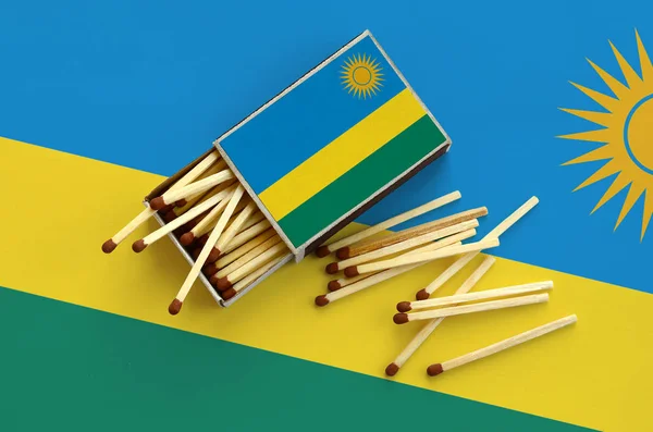 Rwanda flag  is shown on an open matchbox, from which several matches fall and lies on a large flag.