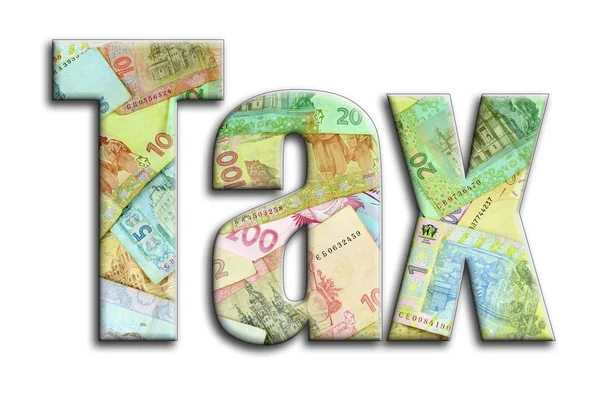 Tax Inscription Has Texture Photography Which Depicts Lot Ukrainian Money — Stock Photo, Image