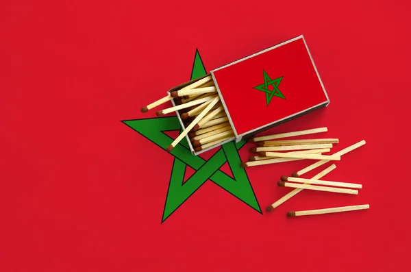 Morocco flag  is shown on an open matchbox, from which several matches fall and lies on a large flag.