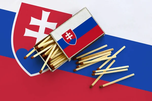 Slovakya bayrağı bir kibrit kutusu içinden birkaç sonbahar eşleşir ve büyük bir bayrak üzerinde yatıyor açık gösterilir.