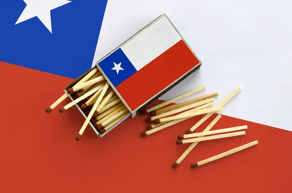 Chile flag  is shown on an open matchbox, from which several matches fall and lies on a large flag.