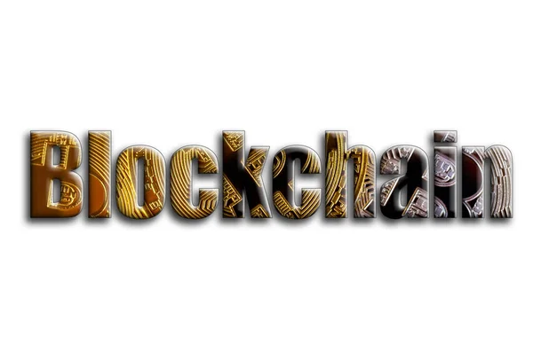 Blockchain 题字有摄影的纹理 描绘几个比特币 — 图库照片