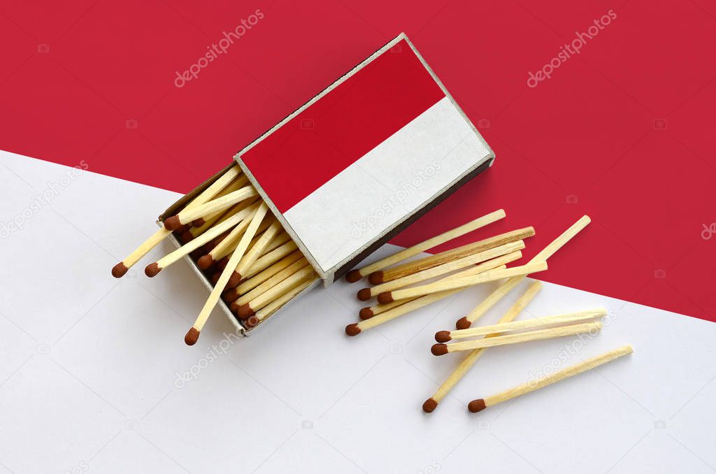 Indonesia flag  is shown on an open matchbox, from which several matches fall and lies on a large flag.