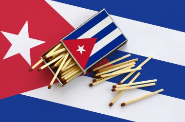 Küba bayrağı bir kibrit kutusu içinden birkaç sonbahar eşleşir ve büyük bir bayrak üzerinde yatıyor açık gösterilir.