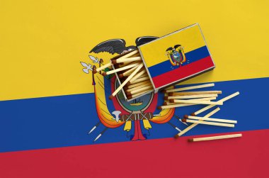 Ekvador bayrak bir kibrit kutusu içinden birkaç sonbahar eşleşir ve büyük bir bayrak üzerinde yatıyor açık gösterilir.