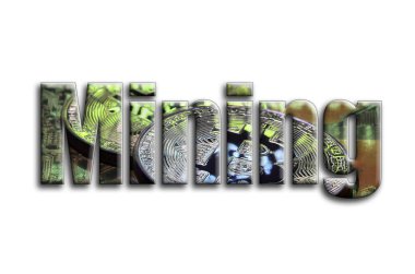 Madencilik. Bir doku bir grafik hızlandırıcı ekran kartı üzerinde birkaç bitcoins tasvir fotoğrafçılığın yazıt vardır.