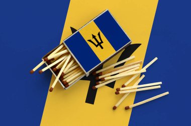 Barbados bayrağı bir kibrit kutusu içinden birkaç sonbahar eşleşir ve büyük bir bayrak üzerinde yatıyor açık gösterilir.