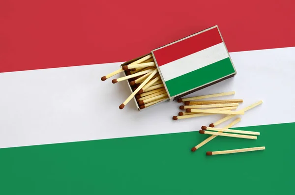 Hungary flag  is shown on an open matchbox, from which several matches fall and lies on a large flag.