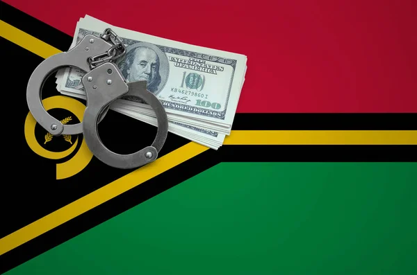 Vanuatu flag  with handcuffs and a bundle of dollars. The concept of breaking the law and thieves crimes.