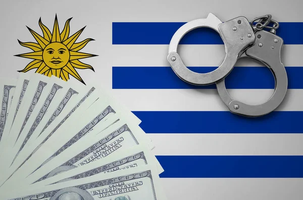 Drapeau Uruguay Avec Menottes Paquet Dollars Concept Opérations Bancaires Illégales — Photo