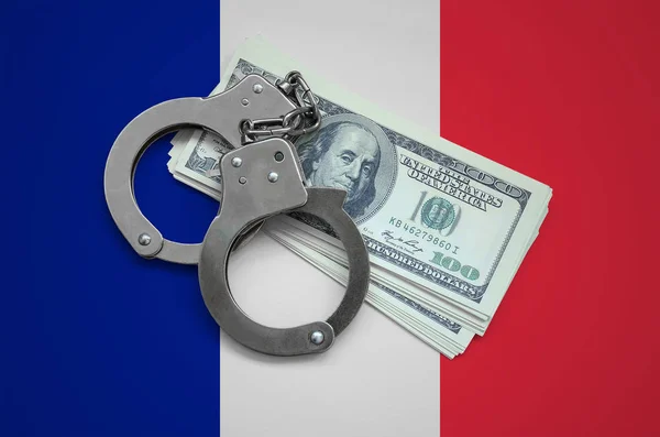 Bandiera Della Francia Con Manette Mazzo Dollari Corruzione Valutaria Nel — Foto Stock