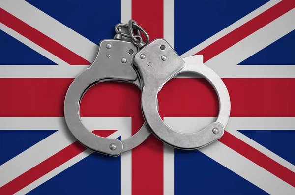 Grand Drapeau Britannique Menottes Police Notion Respect Loi Dans Pays — Photo