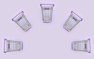 Desen mor bir arka plan üzerinde birçok küçük alışveriş at arabası. Üstten görünüm minimalizm düz yatıyordu.