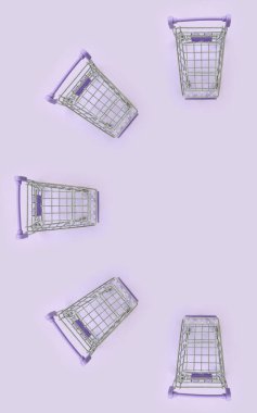 Desen mor bir arka plan üzerinde birçok küçük alışveriş at arabası. Üstten görünüm minimalizm düz yatıyordu.