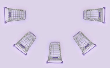 Desen mor bir arka plan üzerinde birçok küçük alışveriş at arabası. Üstten görünüm minimalizm düz yatıyordu.