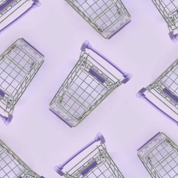 紫色の背景に多くの小さなショッピング カートのパターン ミニマリズム フラット レイアウト平面図 — ストック写真