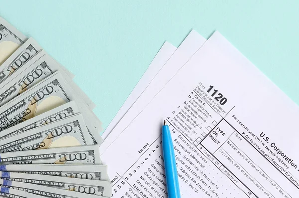 1120 Tax Form Lies Hundred Dollar Bills Blue Pen Light — Stock Photo, Image