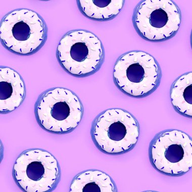 Birçok küçük plastik donuts bir pastel renkli arka plan üzerinde yatıyor. Düz yatıyordu en az desen. Üstten görünüm